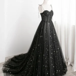 Black Tulle A Line Sweetheart Neck Long Prom Evening Dress