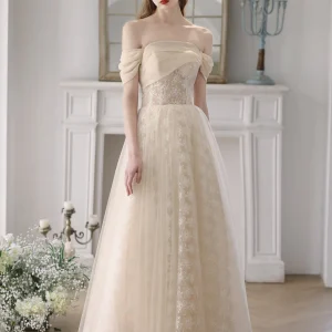 Champagne Off The Shoulder Lace See Through Prom Dress Occasion Dress