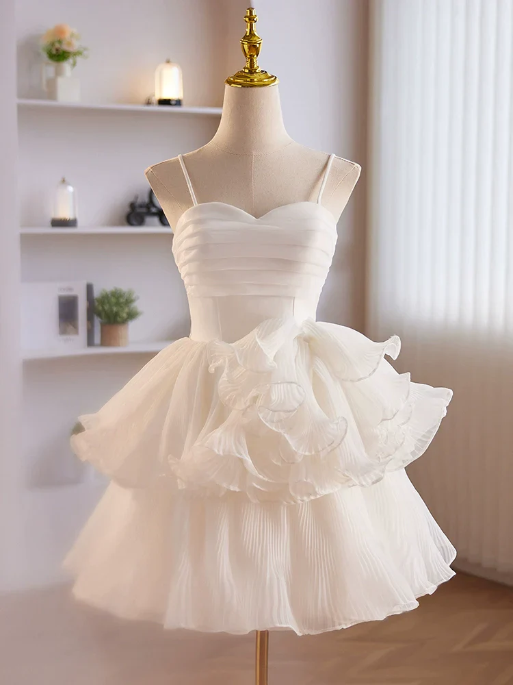 Adorable Spaghetti Strap Organza Tiered Short White Homecoming Dress Formal Dress - Afbeelding 2