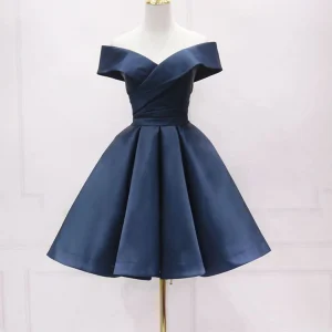 Simple Off Shoulder Satin Dark Blue Short Prom Dress