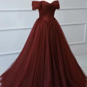 Stunning Burgundy A-Line Tulle Floor-Length Prom Dress with Lace-Up Back