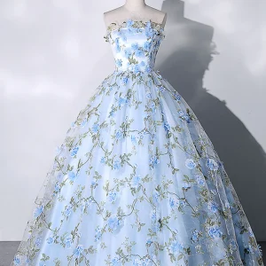 Elegant Blue Tulle Lace Long Prom Dresses for Sweet 16