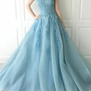 Elegant Blue Sweetheart Neck Tulle Lace Floor-Length Prom Dress