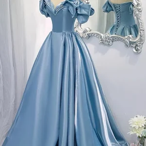 Off-schouders baljurk poofy stoffige blauwe galajurk