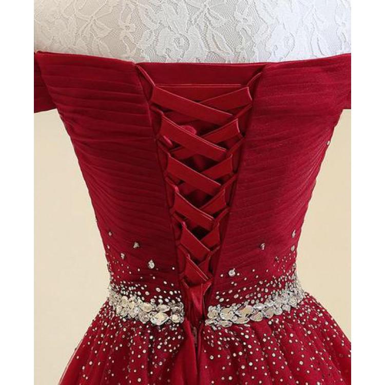 Off-schouders rode tule vloerlengte galajurk | Dansjurk van de 8e klas - Afbeelding 5