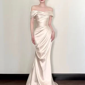 Simple Off the Shoulder Asymmetrical Silk Satin Wedding Dress