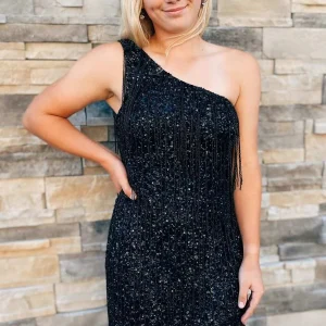 Een schouder kraal kwastjes zwarte pailletten homecoming jurk