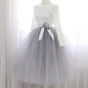 Outlet Leuke korte tweedelige tule rok homecoming-jurk met kanten top met lange mouwen