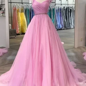 Roze prinsessenbaljurk galajurk met bloemenschouders