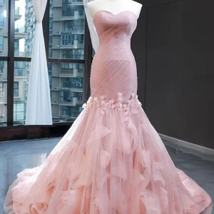 Roze tule prinses trouwjurk strapless roze lange galajurk met ruches rok