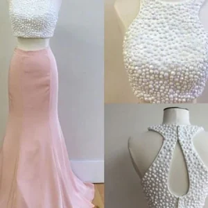 Roze tweedelige zeemeermin junioren galajurk lange homecoming-jurk