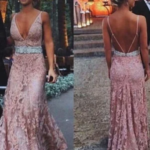 Roze trouwjurk roze kanten galajurk Boho galajurk Backless sexy galajurk MA061