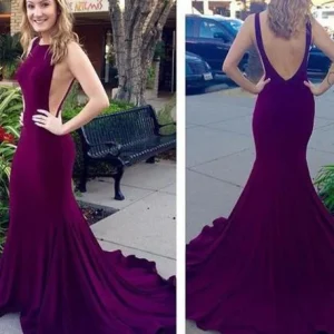 Pruim rugloze zeemeermin spandex galajurk formele jurk met lage V-rug