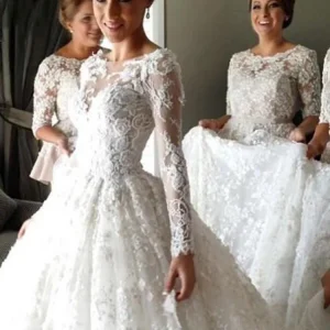 Prinses lange mouw kanten Assepoester trouwjurk met mouwen WS082