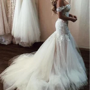 Prinses adembenemende zeemeermin tule off-shoulder trouwjurk met kanten top