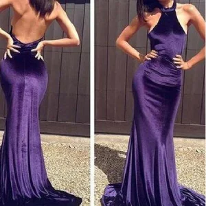 Paars fluwelen zeemeermin halter galajurk formele gelegenheidsjurk
