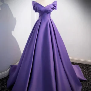 Twist-Front off Shoulder Satin Purple Ball Gown Prom Dress