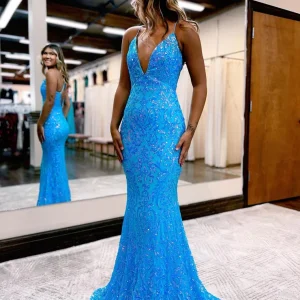Beautiful Charming Mermaid V Neck Blue Lace Sequins Long Prom Dresses