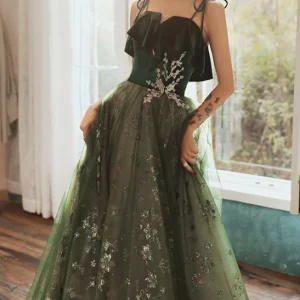 Dark Green Velvet Party Strap Prom Evening Gown Dress
