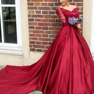 Rode off-the-shoulder kanten top baljurk trouwjurk met lange mouwen