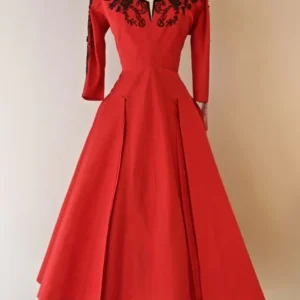 Rode vintage theelengte formele jurken met 3/4 mouwen