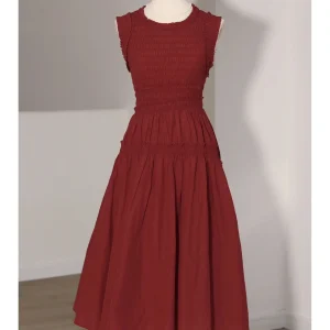 Retro stijl bordeaux mouwloze midi-jurk