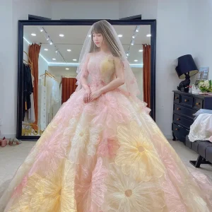 Romantic 3D Big Flowers Ball Gown Colorful Wedding Dress