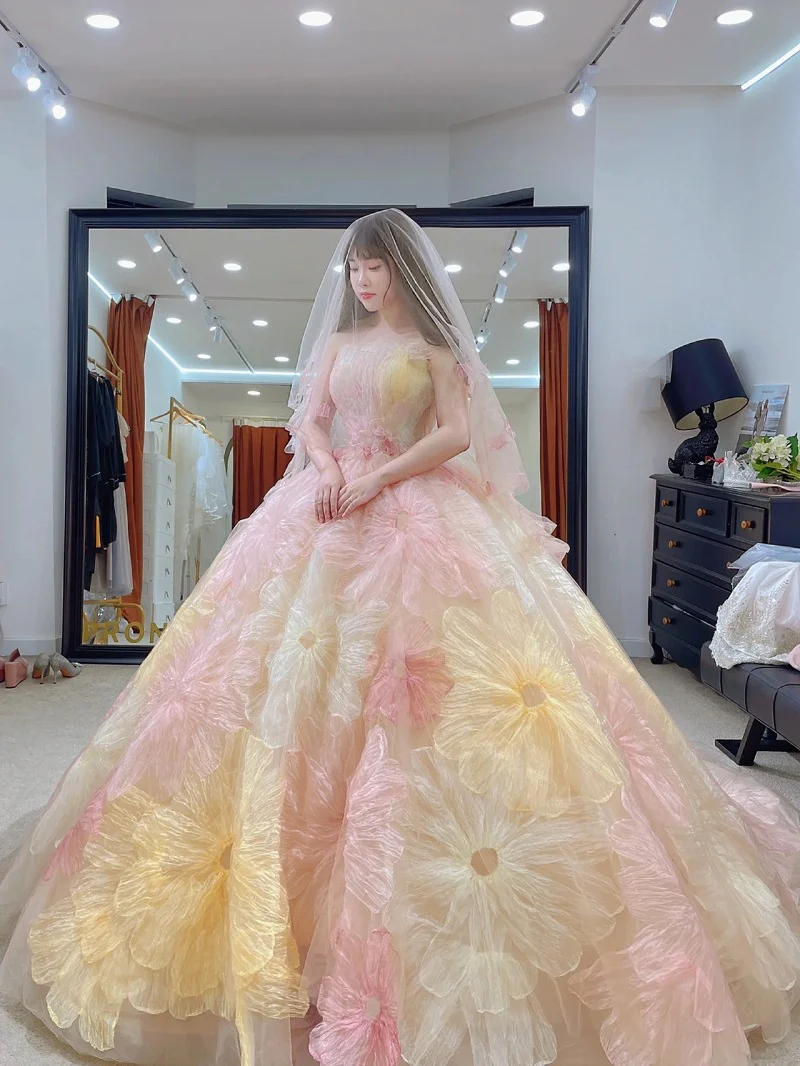 Romantic 3D Big Flowers Ball Gown Colorful Wedding Dress