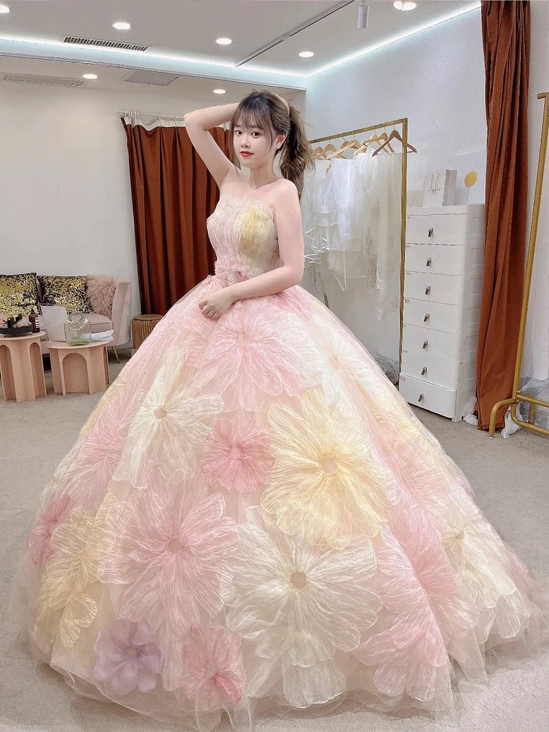 Romantic 3D Big Flowers Ball Gown Colorful Wedding Dress - Afbeelding 4
