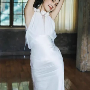 Rose Flower Halter Neck Fit and Flare Silk Dress for Wedding