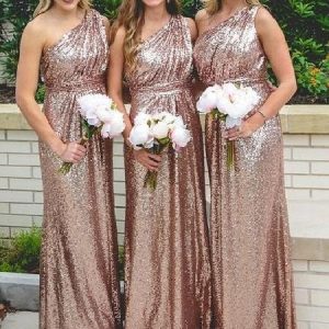 Rose Gold Een Schouder Bruidsmeisjekleding Lange Pailletten Bruidsmeisjekleding FS100