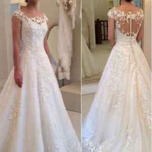 Ronde hals rustieke trouwjurk kanten bruidsjurk