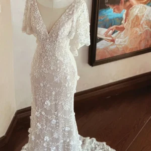 Ruffle Cap Sleeves Mermaid Lace Wedding Dress