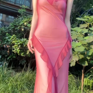 Ruches perzik maxi slipdress