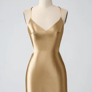 Gold Backless V-Neck Crisscross Back Short Homecoming Dress