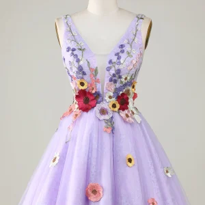 Lilac Colorful 3D Floral V-Neck Backless Homecoming Dress