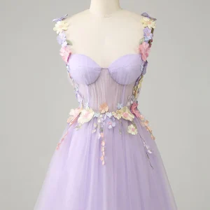 Colorful 3D Floral Sweetheart See Through Liac Homecoming Dress