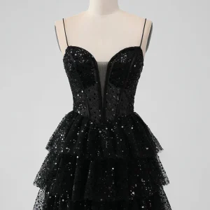 Black Tulle Sequin Ruffle Tiered Short Homecoming Dress