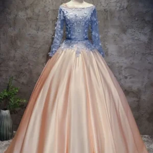 Ronde hals blozen roze baljurk galajurk met mouwen