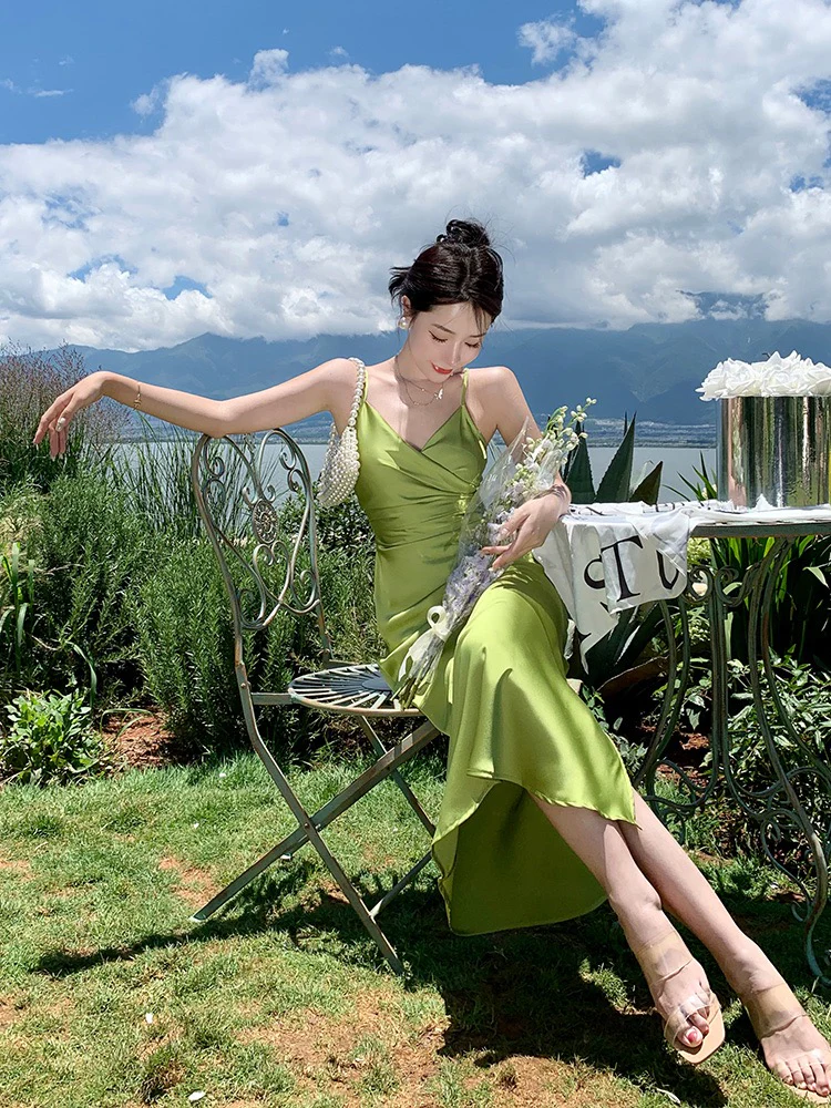 Semi-formele bosgroene onderjurk met split - Afbeelding 4