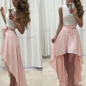Sexy hoog laag homecoming jurk witte kanten top galajurk met roze rok