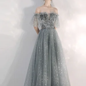 Zilvergrijze sprankelende pailletten galajurk