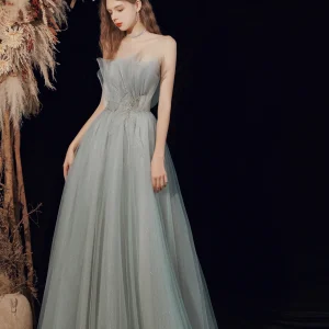 Zilvergrijze strapless gelegenheid promjurk trouwjurk