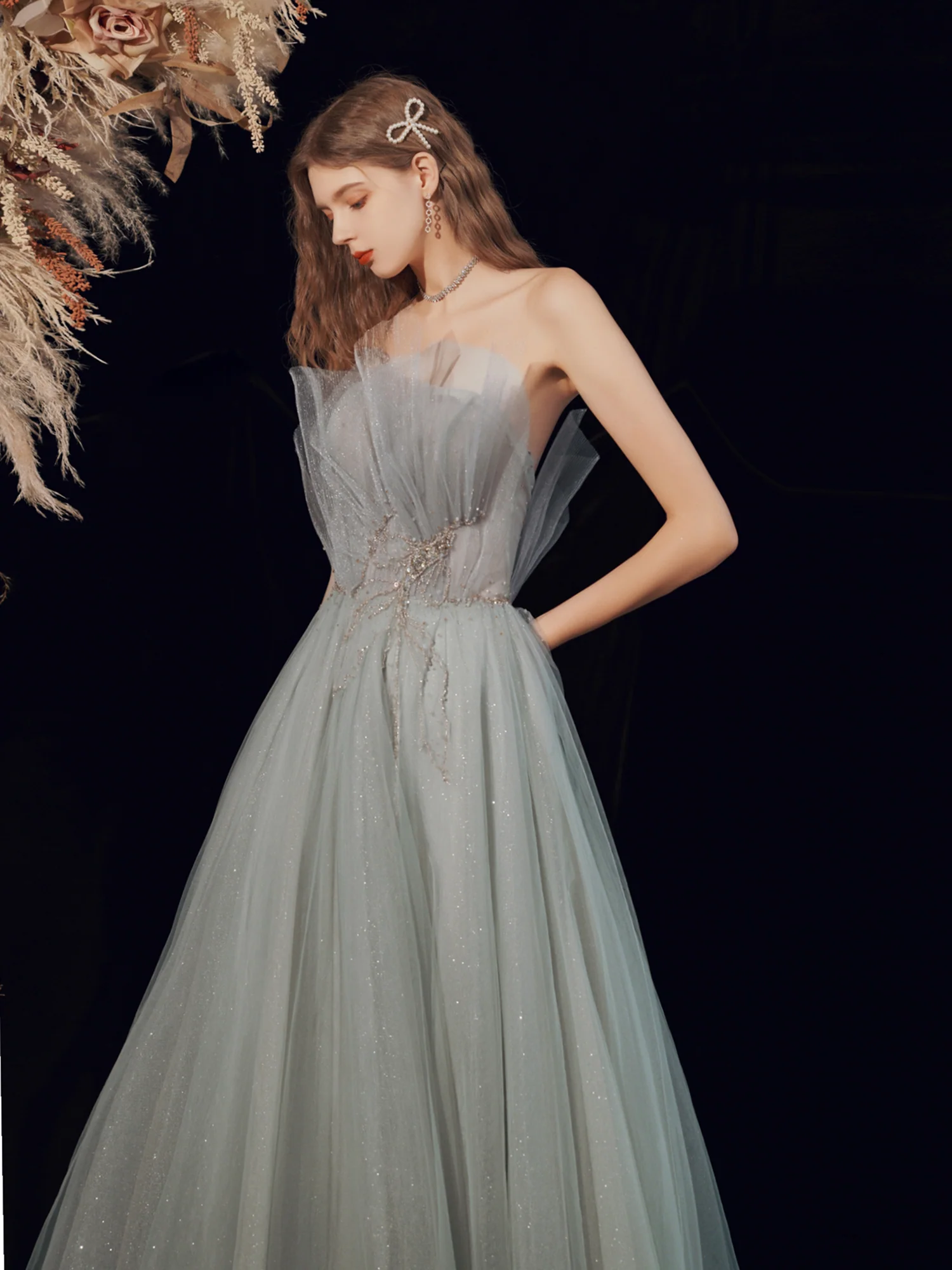 Zilvergrijze strapless gelegenheid promjurk trouwjurk - Afbeelding 5