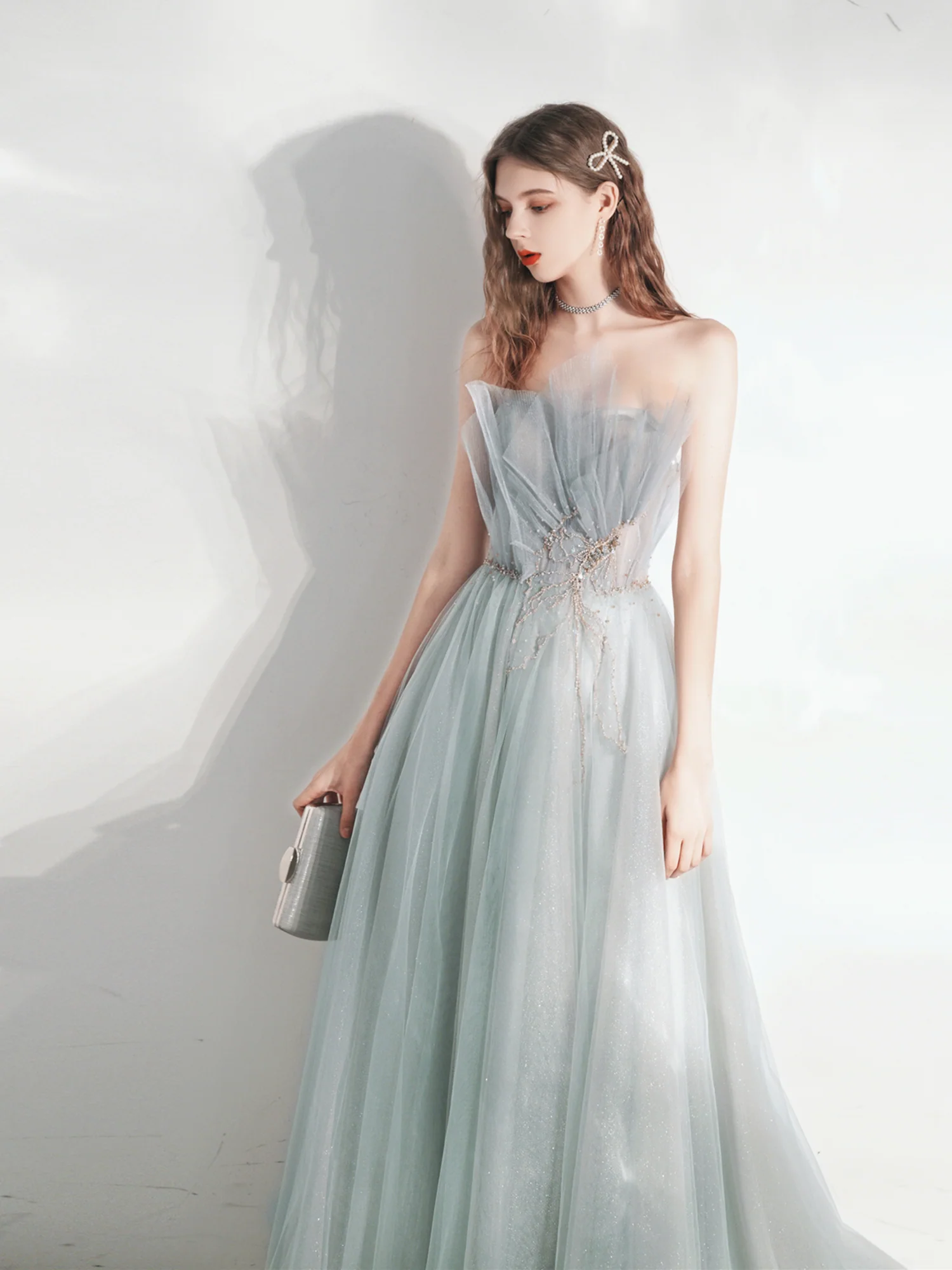 Zilvergrijze strapless gelegenheid promjurk trouwjurk - Afbeelding 6