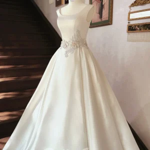 Simple Boat Neck Satin Ball Gown Wedding Dress