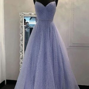 Sparkly tule lavendel formele galajurk met spaghettibandjes