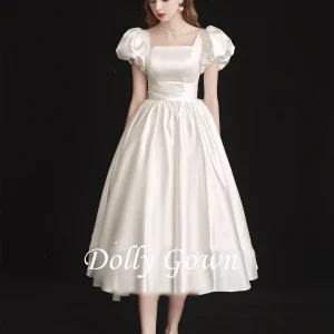 Square Neck Satin 50s Style Short Wedding Dress with Bubble Short Sleeves