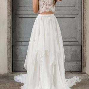 Zomer kanten top bruids scheidt crop top trouwjurk