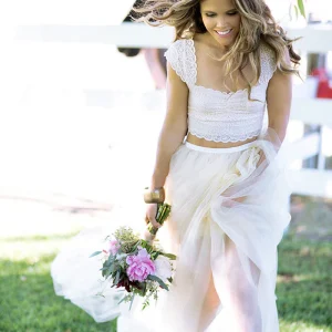 Zomer rustieke kapmouwtjes kanten top tweedelige tule rok bruids scheidt trouwjurk